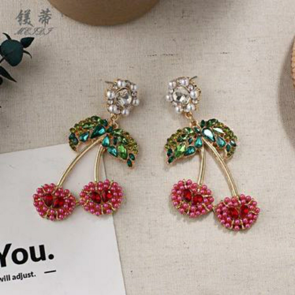 Rhinestone Cherry Statement Earrings